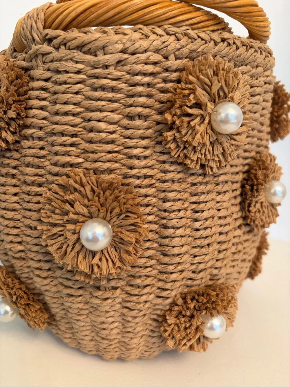 Handwoven Brown Raffia Basket Bag with Pearl Accents